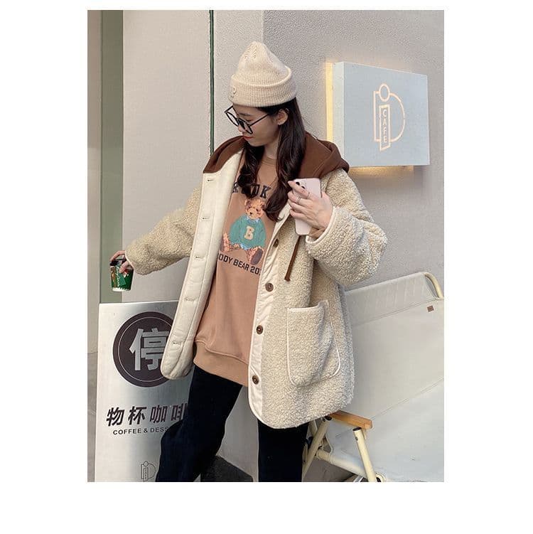 가을 겨울철 레트로 두꺼운 양털 재킷 한국 출퇴근 외국 가스 캐주얼 루즈핏 까마귀 트렌드 맨위 여성 상세 이미지 9