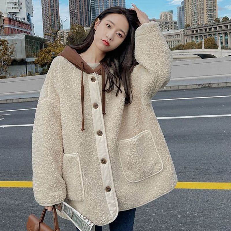 어린 양 플리스 여성 코트 가을 겨울 털이 있고 두꺼운 후드 루즈핏 다용도 새로운 한국 스타일 피모 하나 면 의류 여성