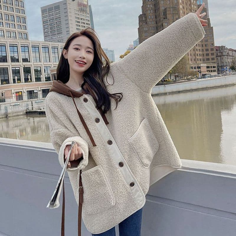 어린 양 플리스 여성 코트 가을 겨울 털이 있고 두꺼운 후드 루즈핏 다용도 새로운 한국 스타일 피모 하나 면 의류 여성 이미지 3