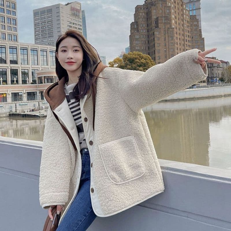 어린 양 플리스 여성 코트 가을 겨울 털이 있고 두꺼운 후드 루즈핏 다용도 새로운 한국 스타일 피모 하나 면 의류 여성 이미지 5