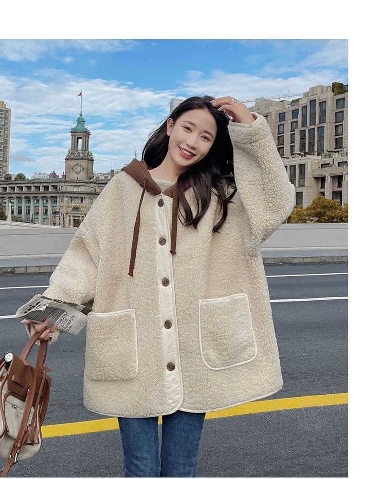 어린 양 플리스 여성 코트 가을 겨울 털이 있고 두꺼운 후드 루즈핏 다용도 새로운 한국 스타일 피모 하나 면 의류 여성 상세 이미지 4