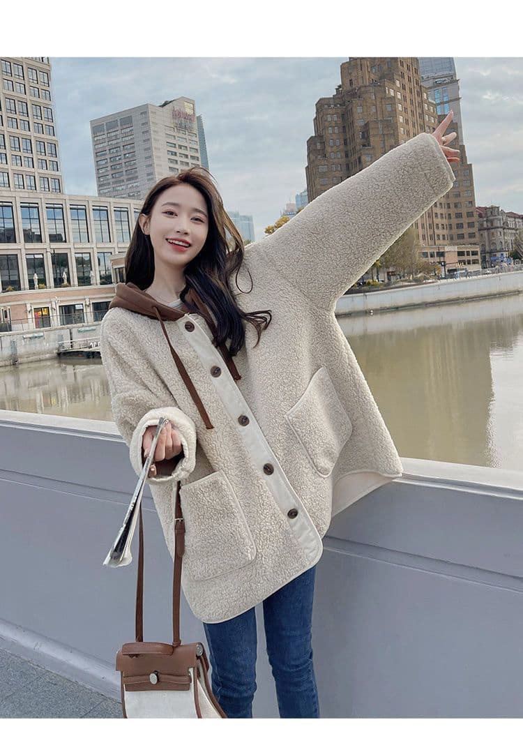어린 양 플리스 여성 코트 가을 겨울 털이 있고 두꺼운 후드 루즈핏 다용도 새로운 한국 스타일 피모 하나 면 의류 여성 상세 이미지 8