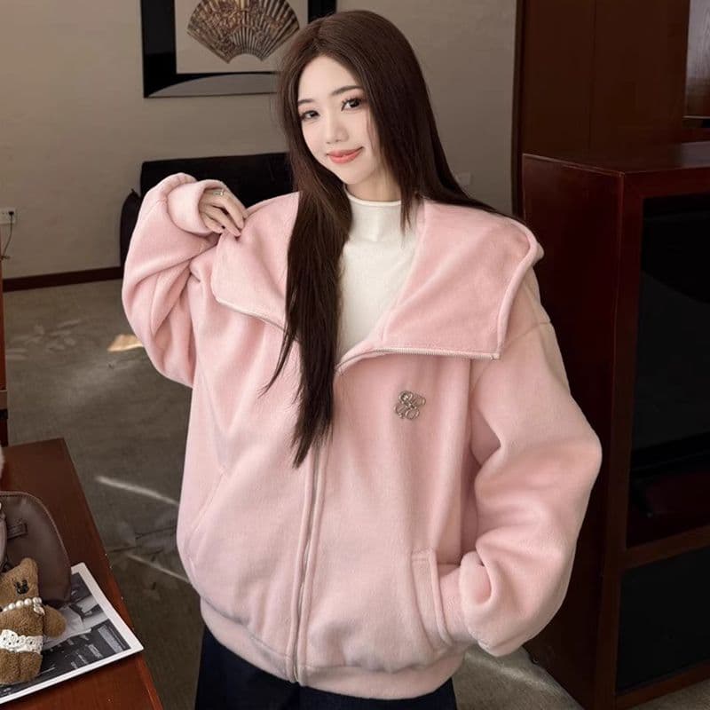 핑크색 후드 여성 가을 겨울철 새로운 폭발 한 부서 고유 한 아름다운 자이언트 잘 생긴 두꺼운 모피 재킷 이미지 3
