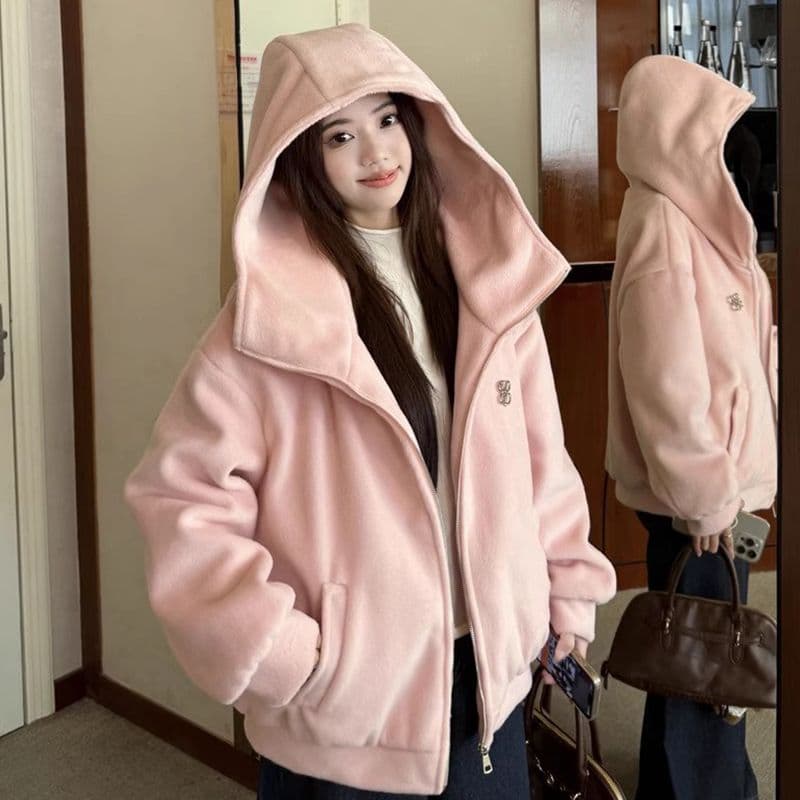 핑크색 후드 여성 가을 겨울철 새로운 폭발 한 부서 고유 한 아름다운 자이언트 잘 생긴 두꺼운 모피 재킷 이미지 2