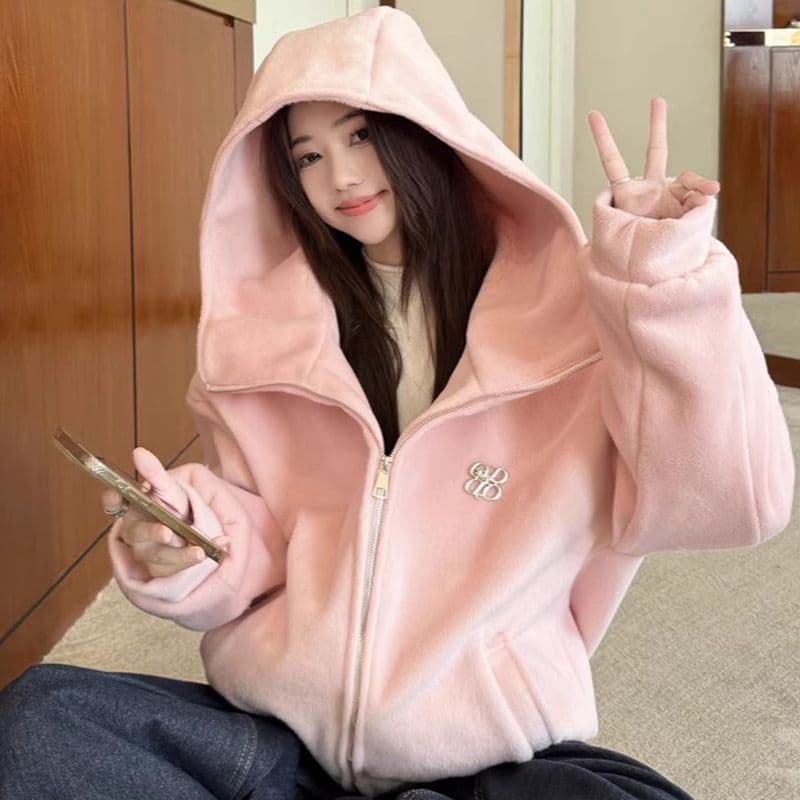 핑크색 후드 여성 가을 겨울철 새로운 폭발 한 부서 고유 한 아름다운 자이언트 잘 생긴 두꺼운 모피 재킷