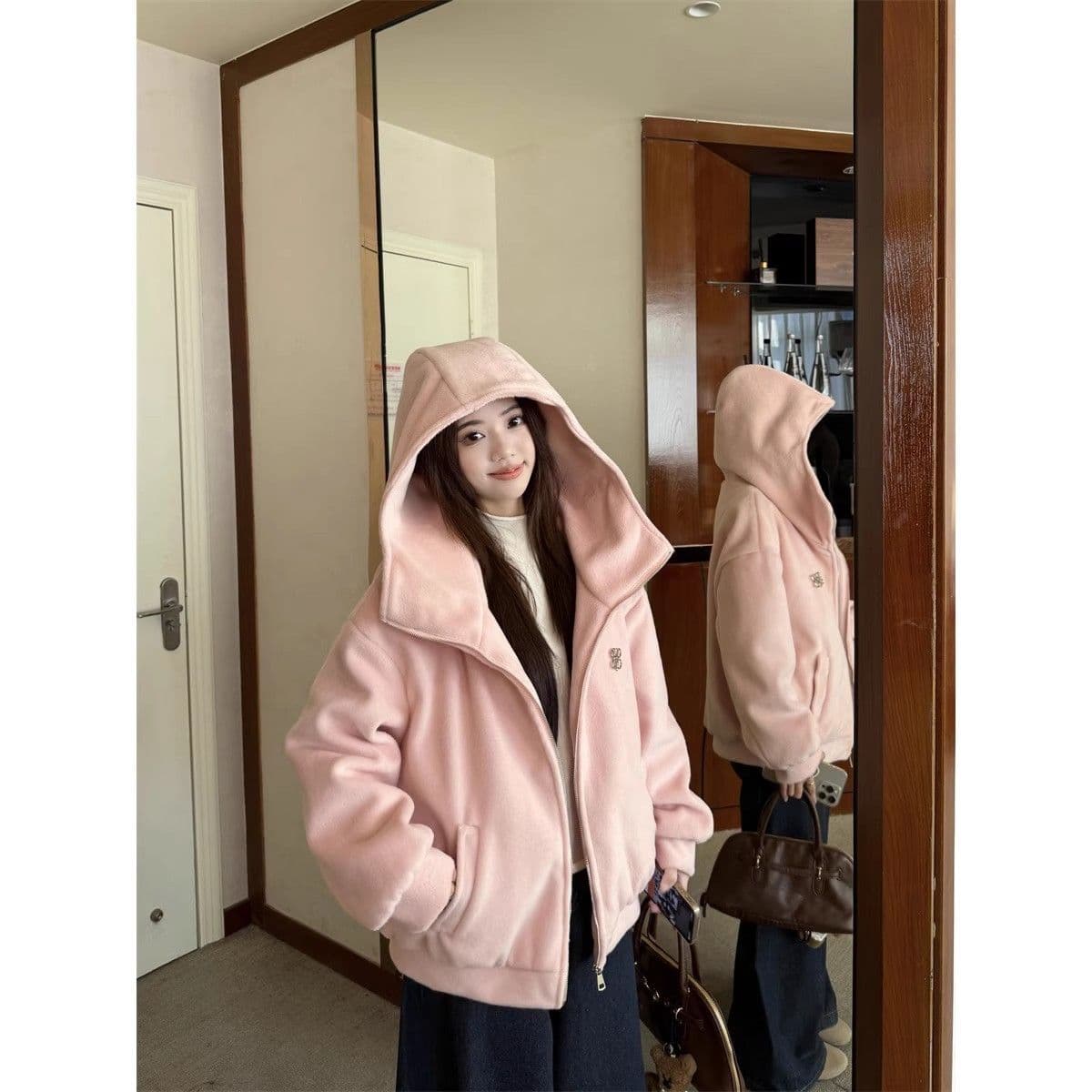 핑크색 후드 여성 가을 겨울철 새로운 폭발 한 부서 고유 한 아름다운 자이언트 잘 생긴 두꺼운 모피 재킷 상세 이미지 1