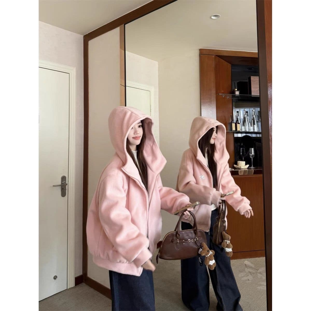 핑크색 후드 여성 가을 겨울철 새로운 폭발 한 부서 고유 한 아름다운 자이언트 잘 생긴 두꺼운 모피 재킷 상세 이미지 5