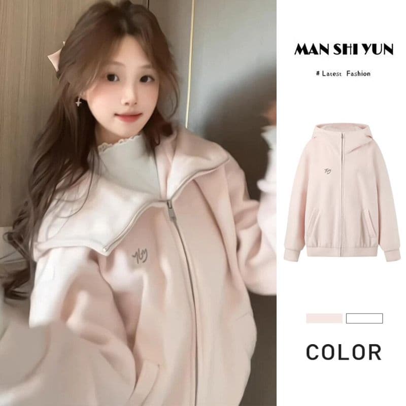 모직 여성 코트 핑크색 작은 키 루즈핏 슬림해 보이는 고급 센스 후드 지퍼 오픈 가디건 맨위 이미지 3