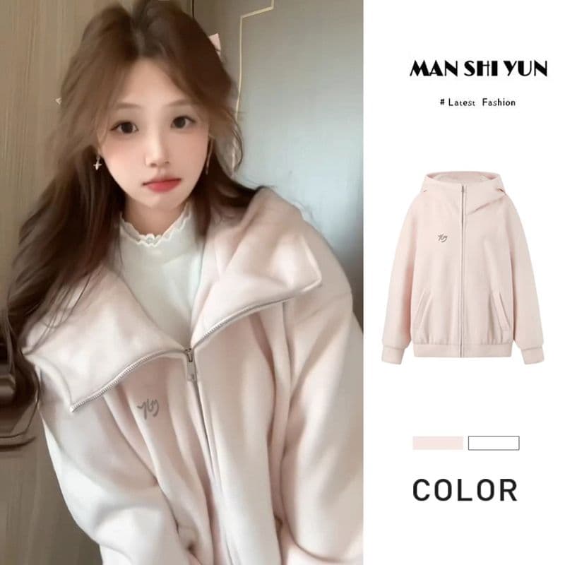 모직 여성 코트 핑크색 작은 키 루즈핏 슬림해 보이는 고급 센스 후드 지퍼 오픈 가디건 맨위 이미지 2