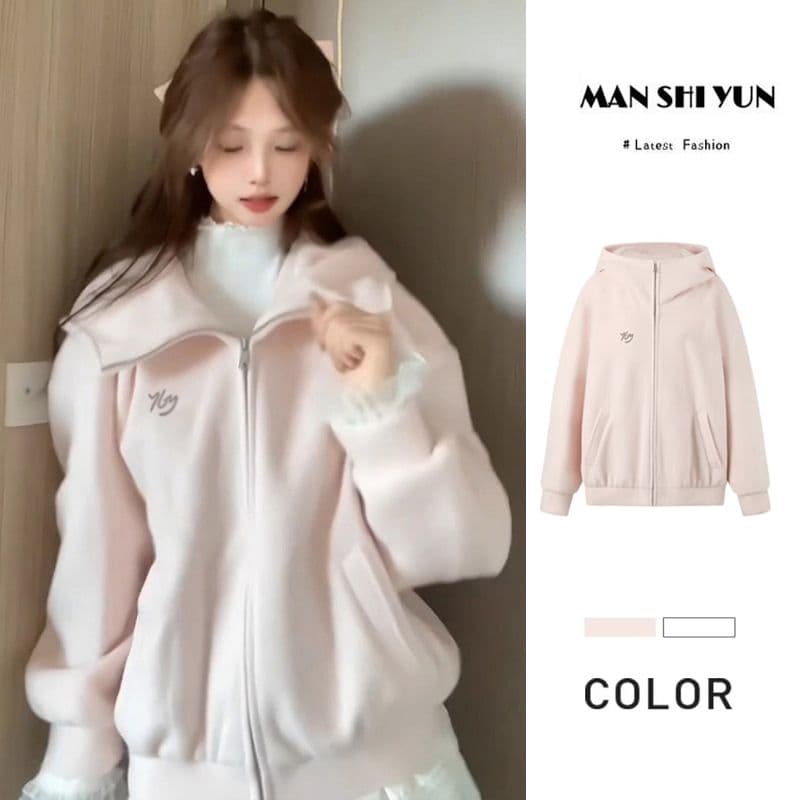 모직 여성 코트 핑크색 작은 키 루즈핏 슬림해 보이는 고급 센스 후드 지퍼 오픈 가디건 맨위 이미지 5