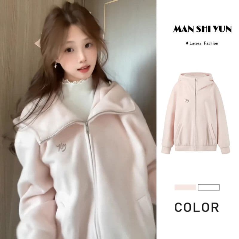 모직 여성 코트 핑크색 작은 키 루즈핏 슬림해 보이는 고급 센스 후드 지퍼 오픈 가디건 맨위 이미지 4