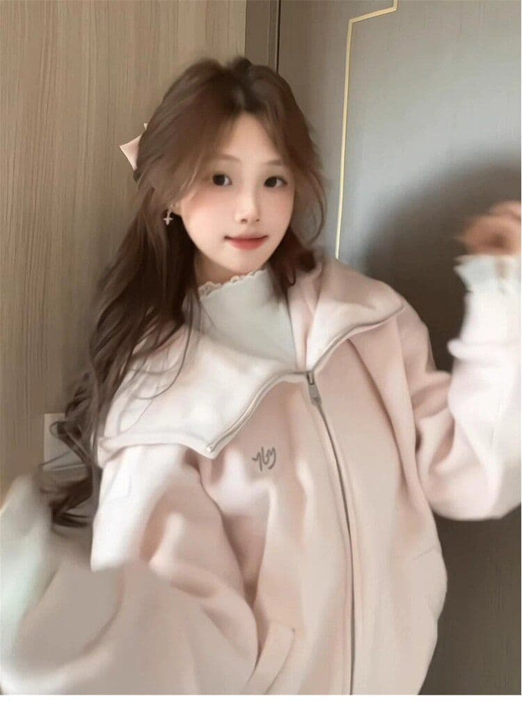 모직 여성 코트 핑크색 작은 키 루즈핏 슬림해 보이는 고급 센스 후드 지퍼 오픈 가디건 맨위 상세 이미지 1