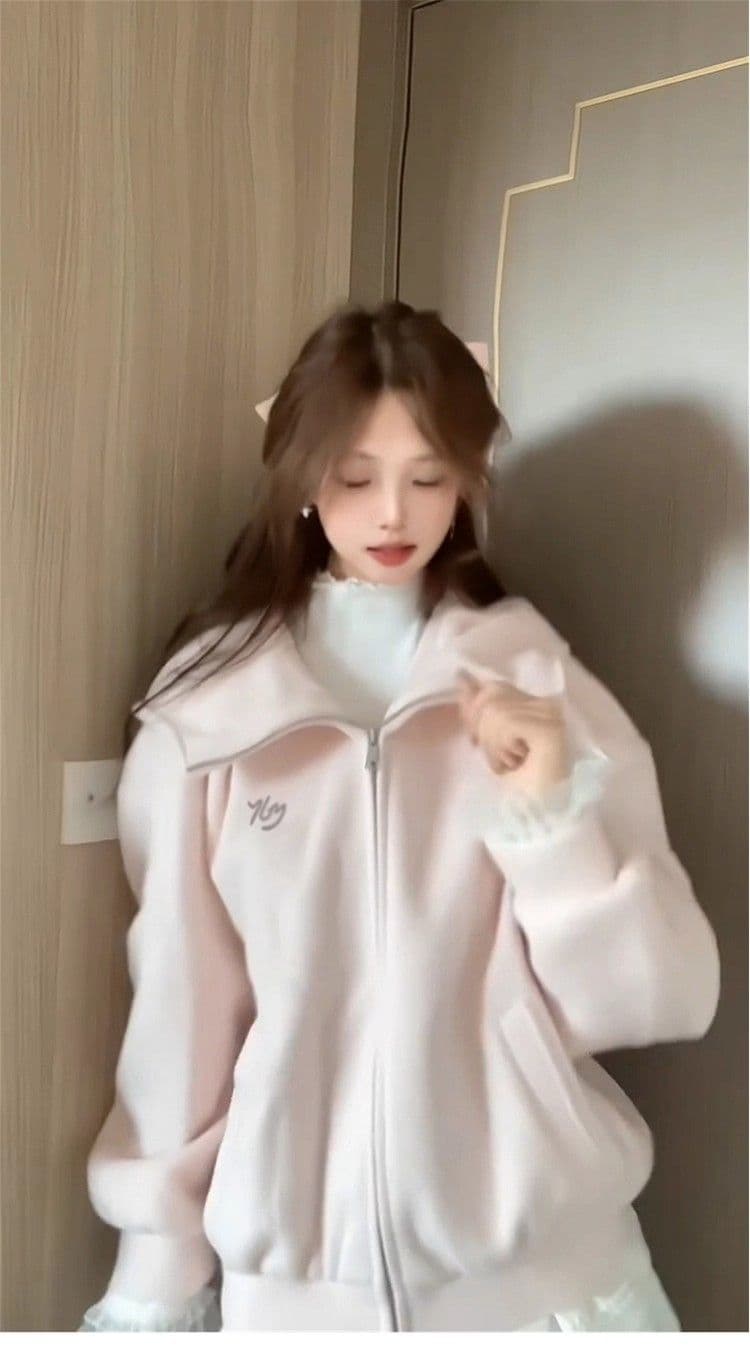 모직 여성 코트 핑크색 작은 키 루즈핏 슬림해 보이는 고급 센스 후드 지퍼 오픈 가디건 맨위 상세 이미지 4