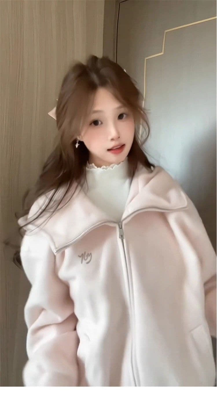 모직 여성 코트 핑크색 작은 키 루즈핏 슬림해 보이는 고급 센스 후드 지퍼 오픈 가디건 맨위 상세 이미지 5