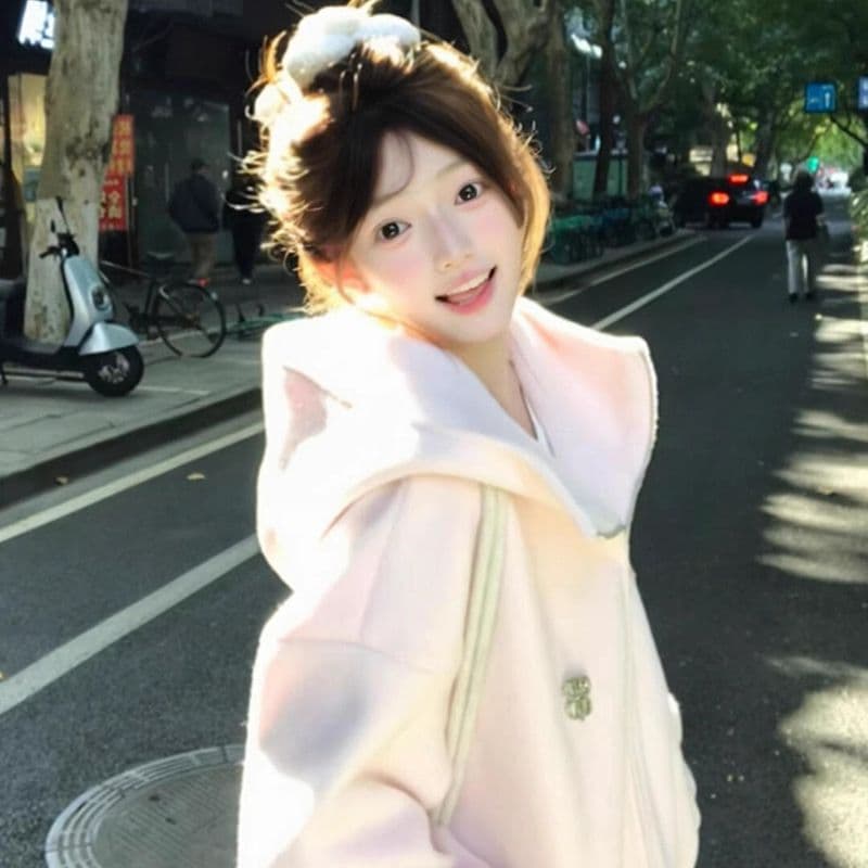핑크색 자이언트 잘 생긴 터틀넥 후드 모직 여성 코트 가을 겨울 올해 인기 새로운 아름다운 오픈 가디건 이미지 3