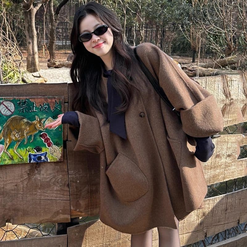 아름다움 라드. 브라운 양면 모직 코트 여성 26 가을 새로운 작은 키 고급 센스 중간 길이 모직 외투 이미지 5