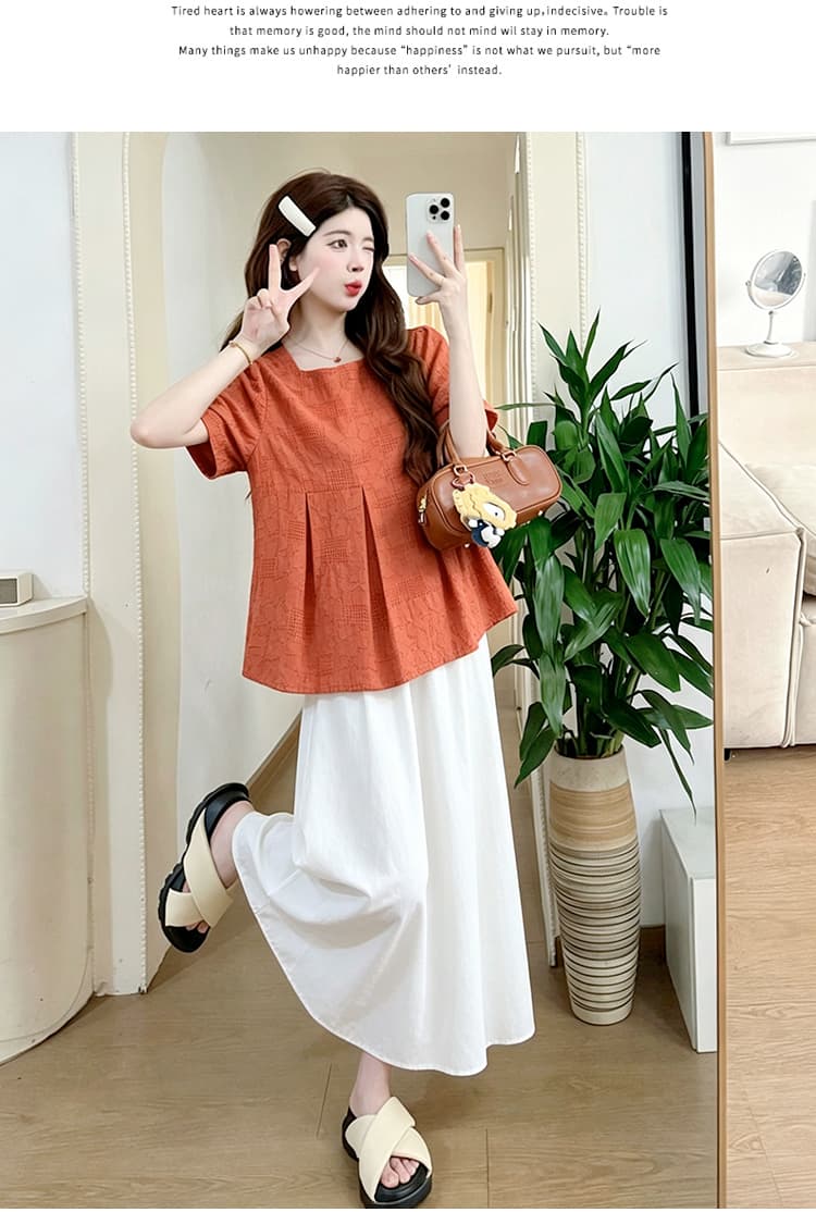 임산부 2026 새로운 여름 패션 세트 나가라. 반팔 광장 칼라 인형 셔츠 화이트 반신 치마 세트 상세 이미지 12