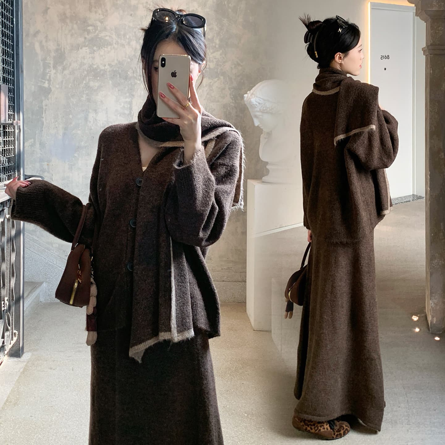 임산부 세트 2026 새로운 패션 오픈 가디건 나가라. 반신 스커트 목도리 숄 세 조각 세트 이미지 3
