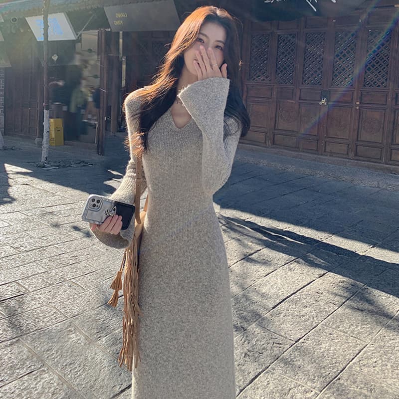 임산부 가을 겨울 의류 고급 디자인 프랑스식 차 휴식 롱 스커트 몸매 가꾸기 다용도 드레스 복장 이미지 5
