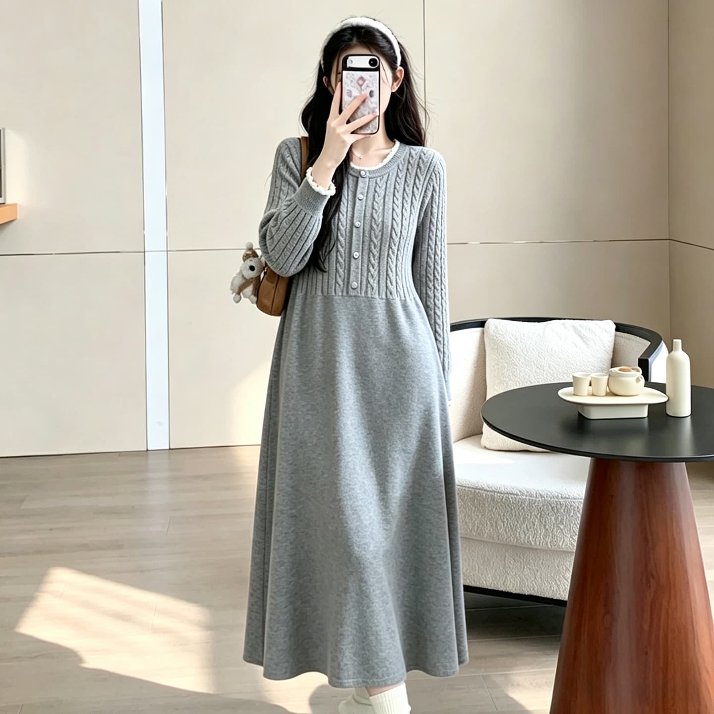 출산 착용 가을 겨울 의류 고급 디자인 프랑스식 차 휴식 치마 중간 길이 레이스 칼라 다용도 드레스 이미지 5