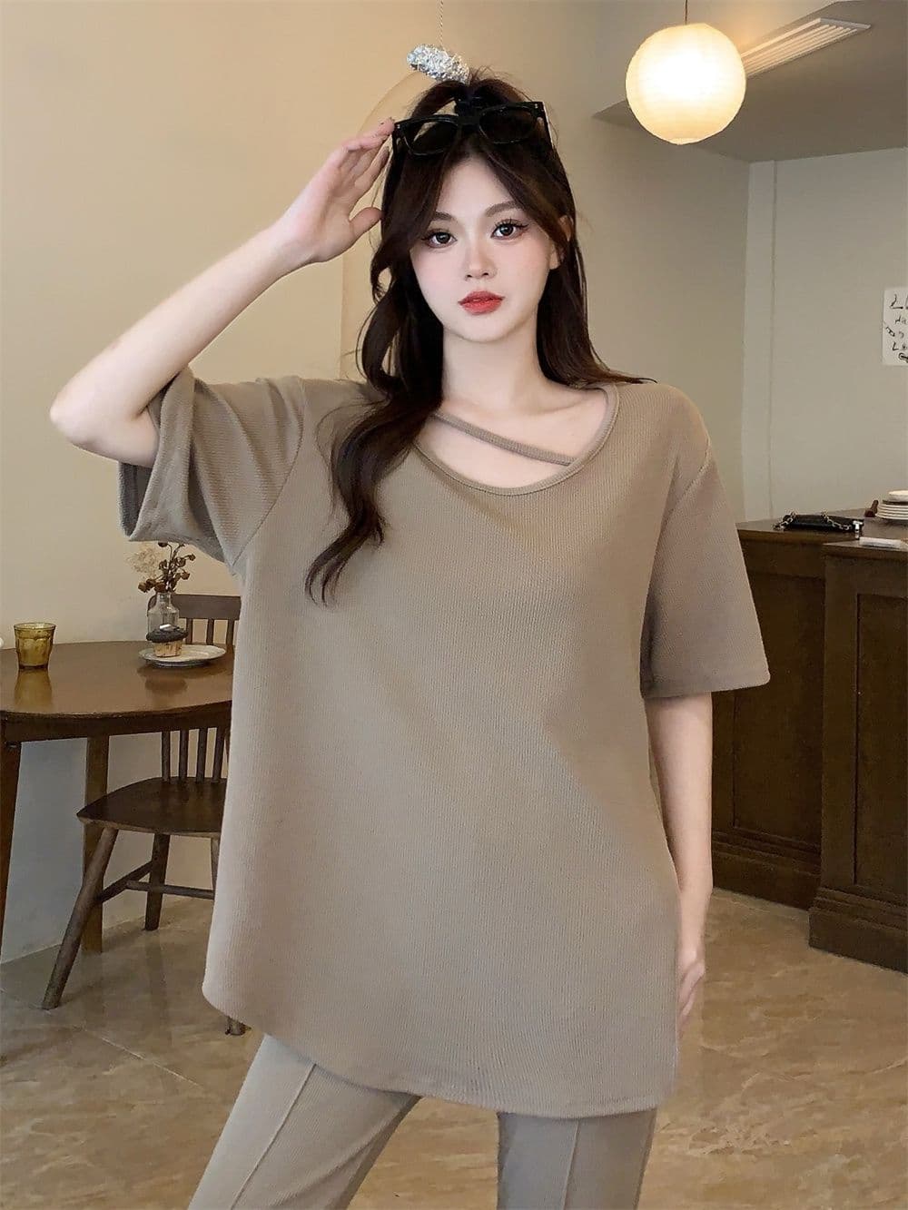 원본 솜씨 빅 사이즈 여름 새로운 루즈핏 느긋한 바람 세트 반팔 티셔츠 하이웨이스트 슬림해 보이는 투피스 세트 상세 이미지 3