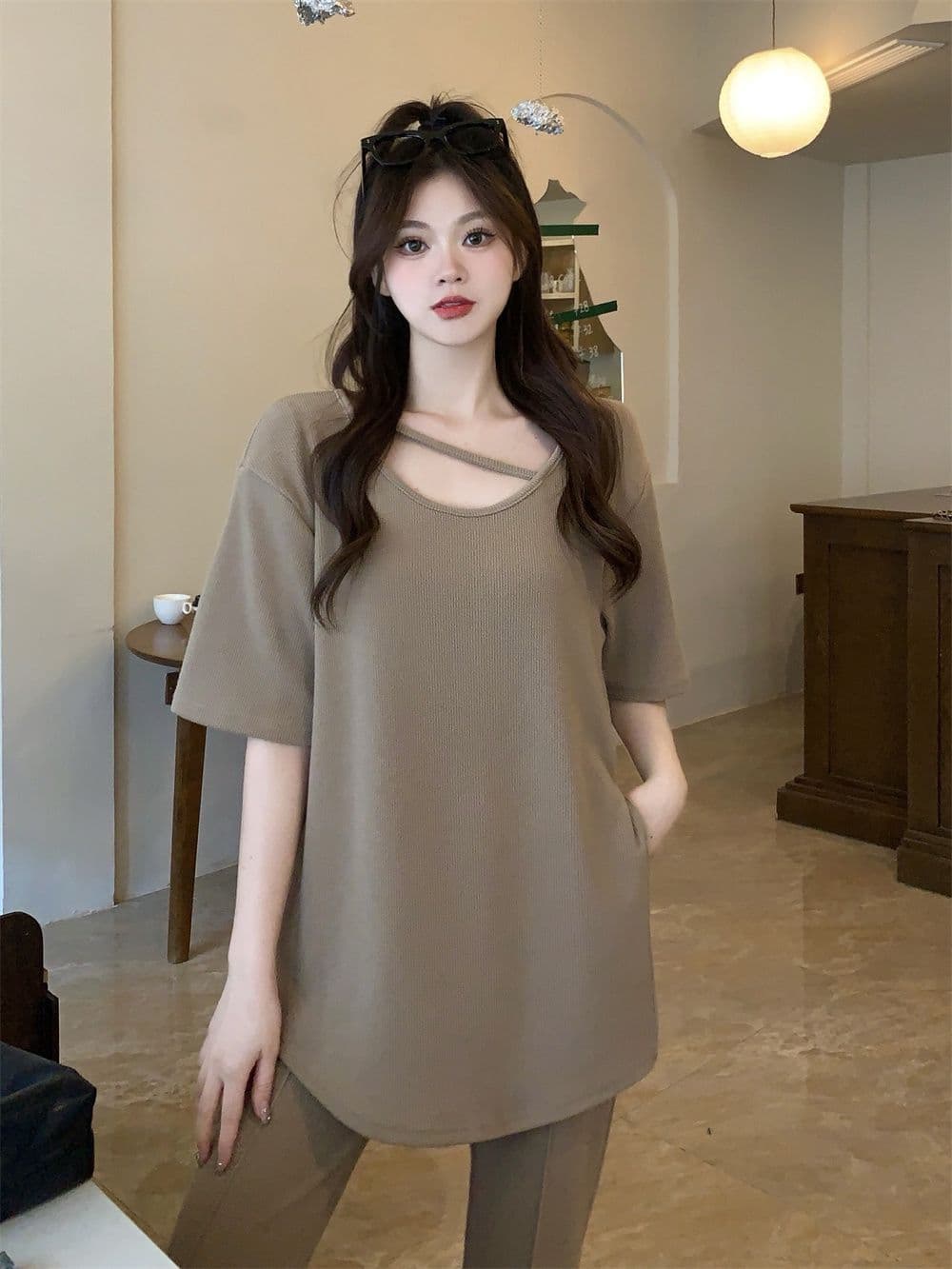 원본 솜씨 빅 사이즈 여름 새로운 루즈핏 느긋한 바람 세트 반팔 티셔츠 하이웨이스트 슬림해 보이는 투피스 세트 상세 이미지 11