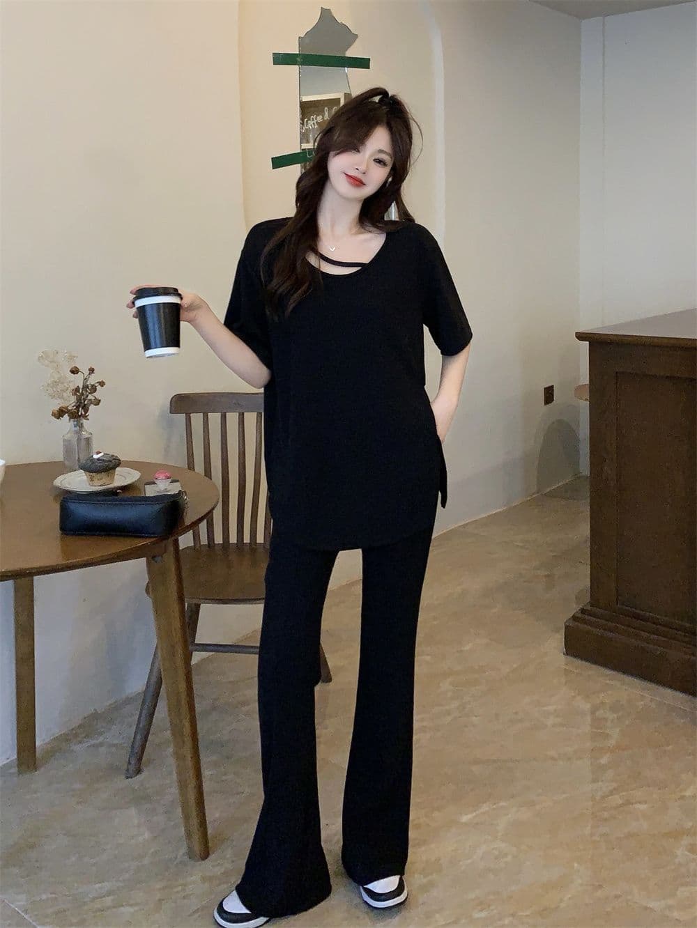 원본 솜씨 빅 사이즈 여름 새로운 루즈핏 느긋한 바람 세트 반팔 티셔츠 하이웨이스트 슬림해 보이는 투피스 세트 상세 이미지 23