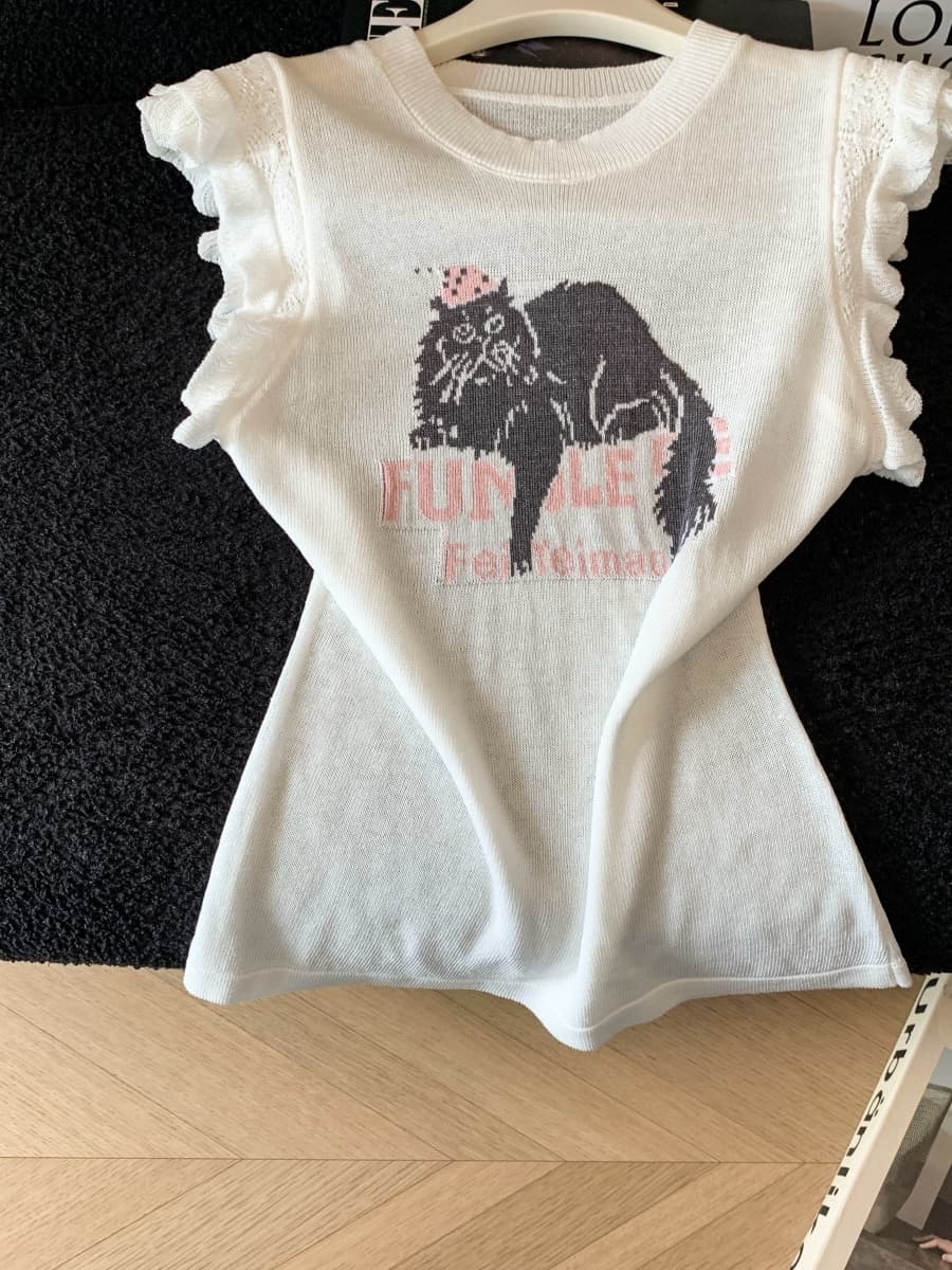 한 부서 달콤함 연령 감소 고양이 자카드 니트 티셔츠 여성 여름 새로운 프릴 홀로우 아웃 민소매 루즈핏 맨위 상세 이미지 12
