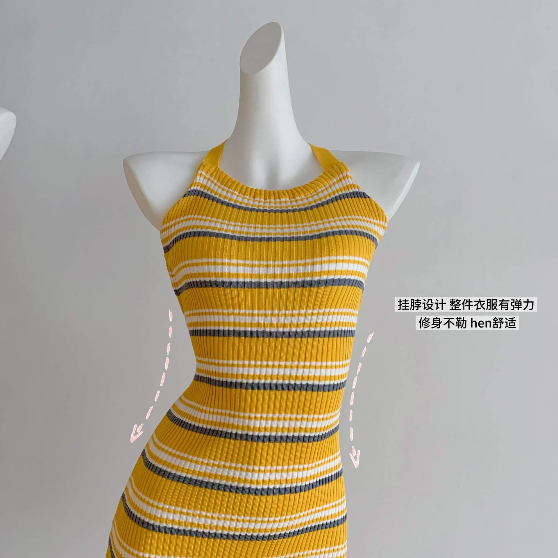 안녕하세요. 팬 팬 sunny girl 배색 끈 백리스 니트 원피스 샤오시엔 스트라이프 조끼 상세 이미지 4