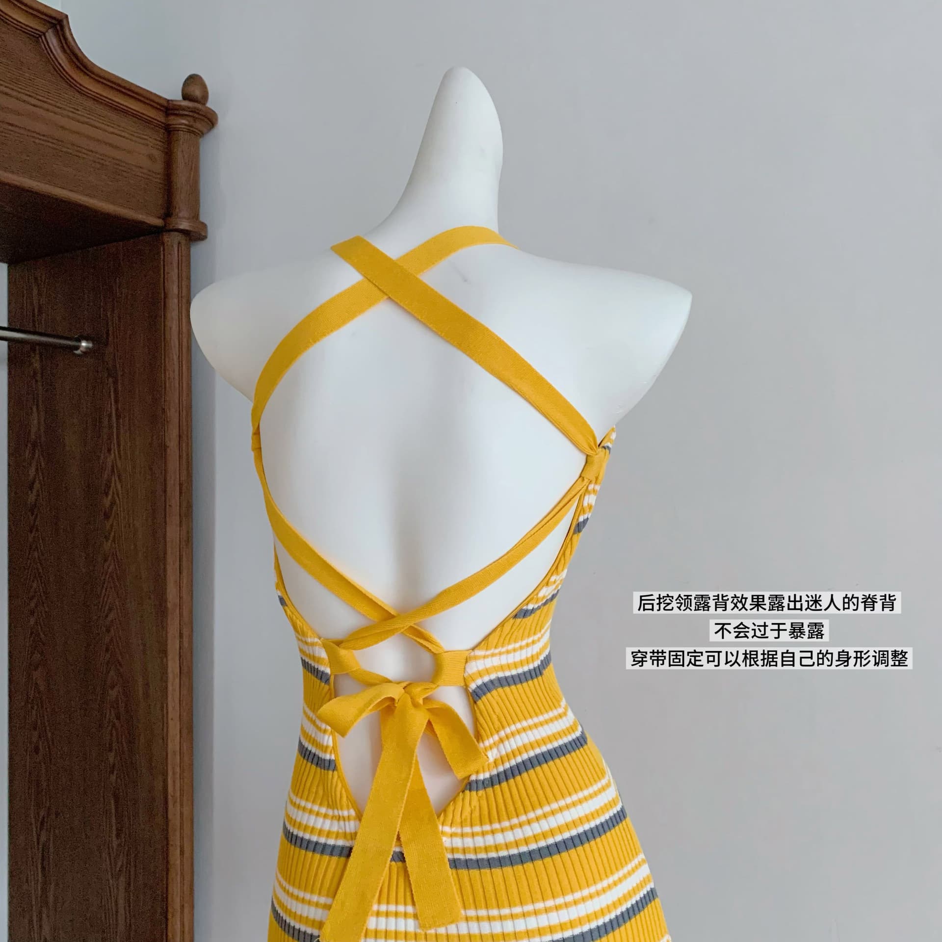 안녕하세요. 팬 팬 sunny girl 배색 끈 백리스 니트 원피스 샤오시엔 스트라이프 조끼 상세 이미지 5