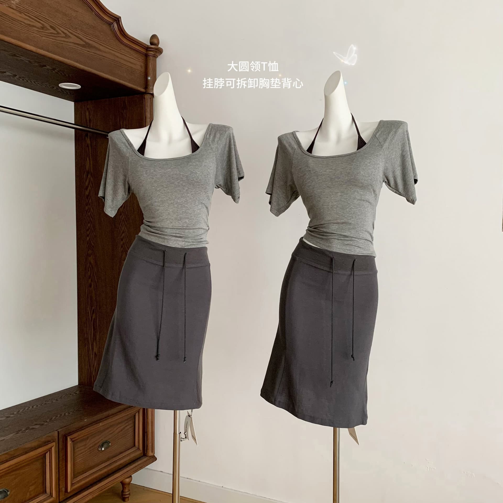 e go studio 라미 면 레트로 리브 패치워크 디자인 반신 스커트 여성 여름 새로운 고유 한 작은 대중 치마 상세 이미지 3