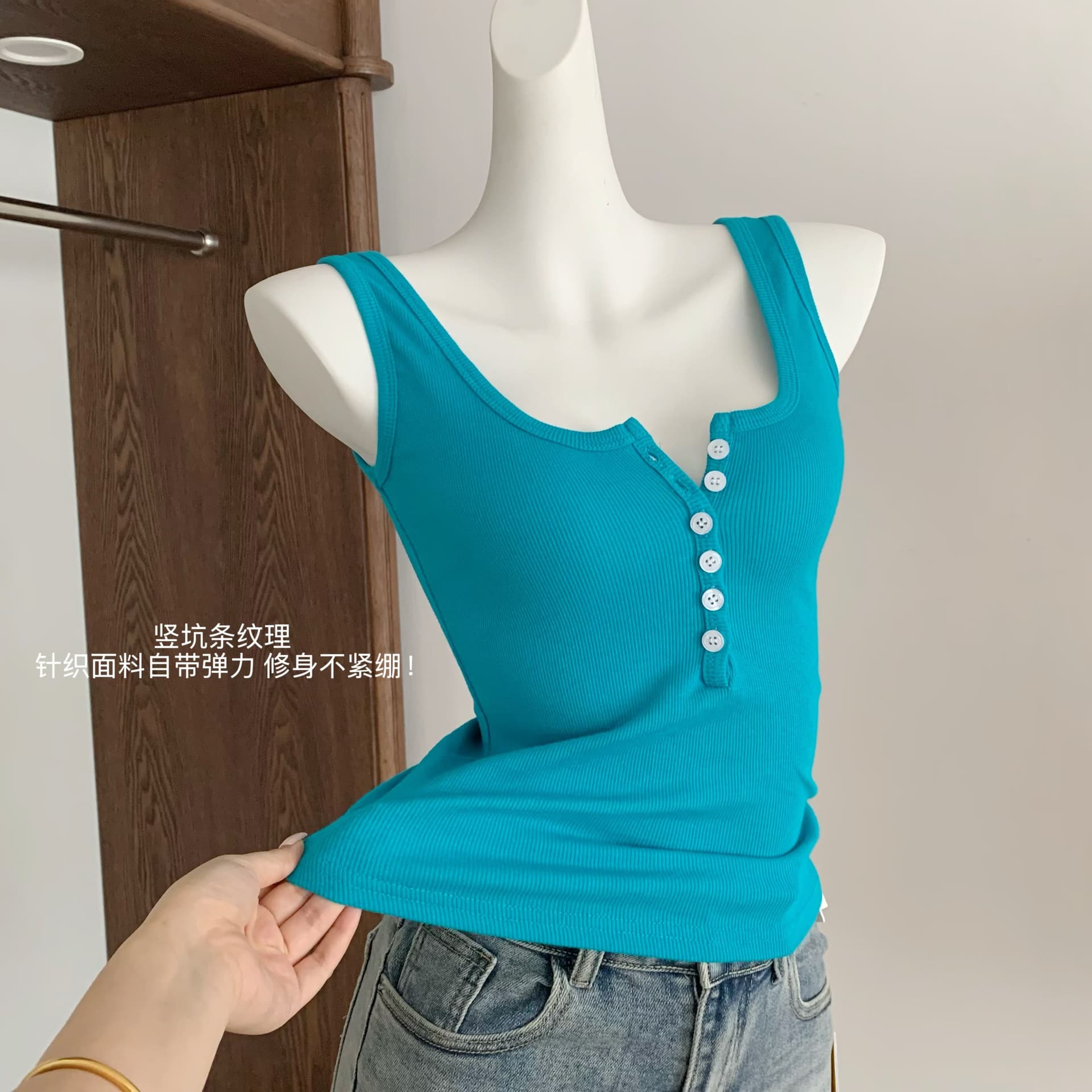 yolo shop 라스베리 과일 버블 한국 스타일 순수한 욕망 u 칼라 단추 핫걸 니트 캐미솔 여름 맨위 상세 이미지 14