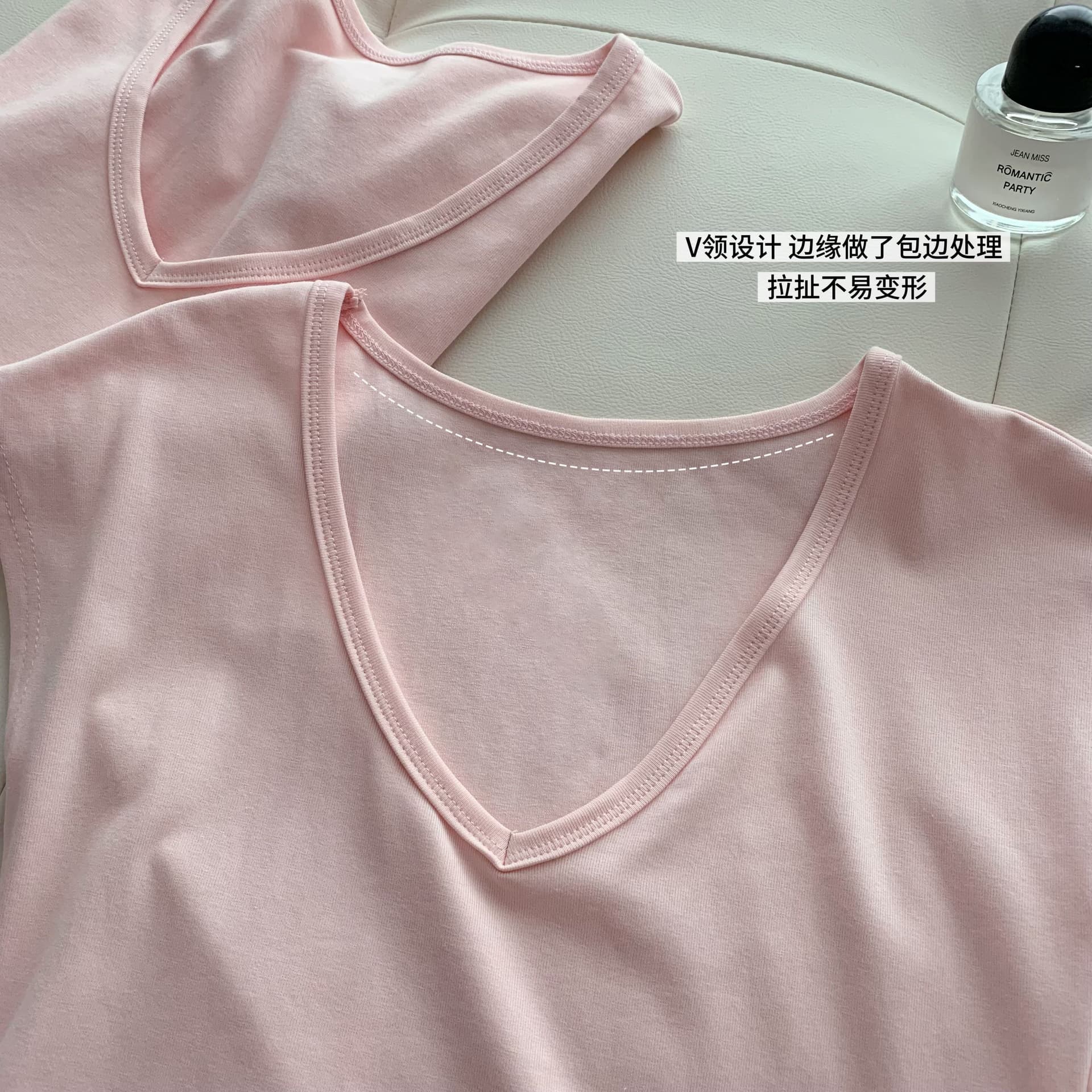 만약 언어 맞춤 편안함 작은 심장 기계 47 모달 46 길다 플러시 면 V넥 반팔 티셔츠 순수한 욕망 슬림해 보이는 맨위 상세 이미지 6