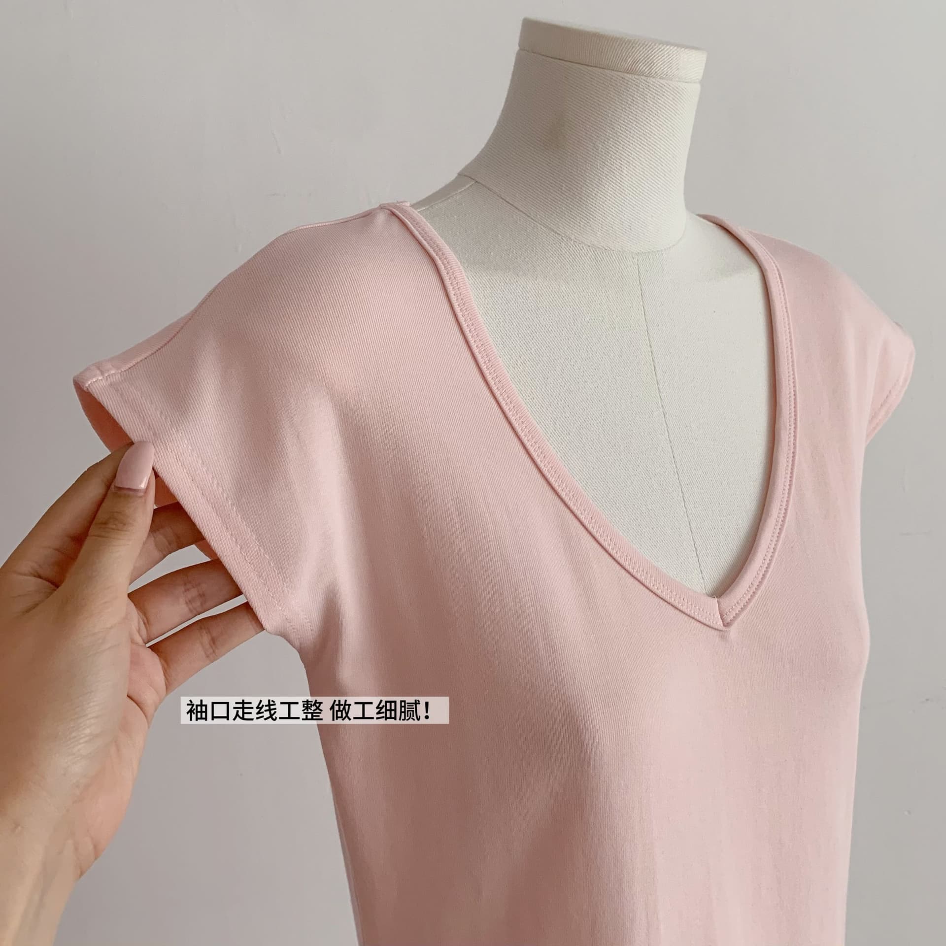 만약 언어 맞춤 편안함 작은 심장 기계 47 모달 46 길다 플러시 면 V넥 반팔 티셔츠 순수한 욕망 슬림해 보이는 맨위 상세 이미지 14