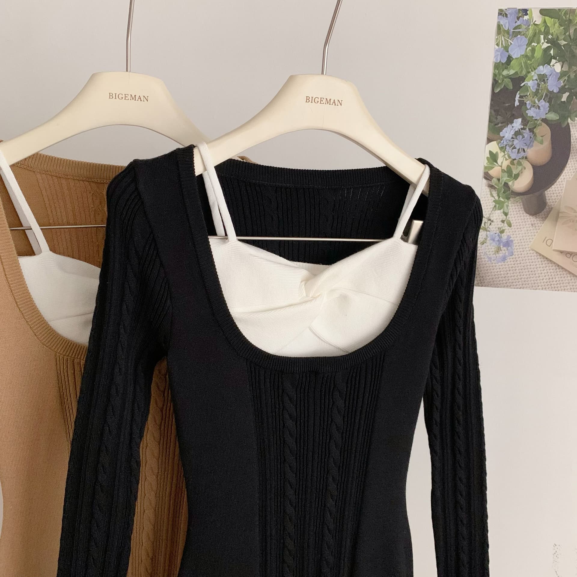 jmshop 감기 모두 여성 대 u 칼라 페이크 레이어드 양모 니트 원피스 여성 가을 비틀림 슬립 인사이드 가져 가라. 투피스 세트 상세 이미지 10