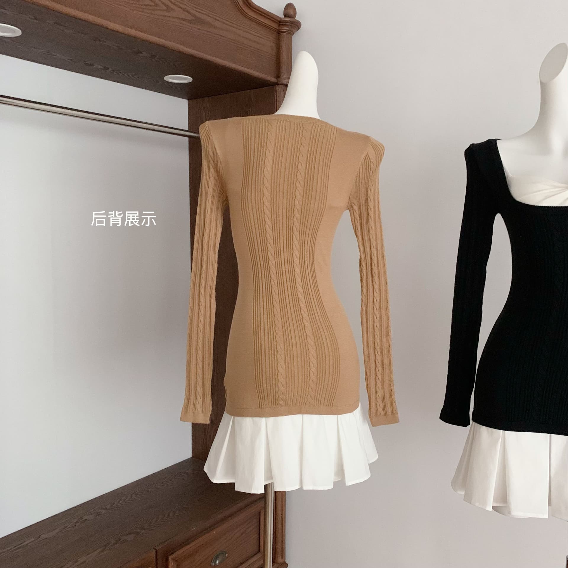 jmshop 감기 모두 여성 대 u 칼라 페이크 레이어드 양모 니트 원피스 여성 가을 비틀림 슬립 인사이드 가져 가라. 투피스 세트 상세 이미지 15