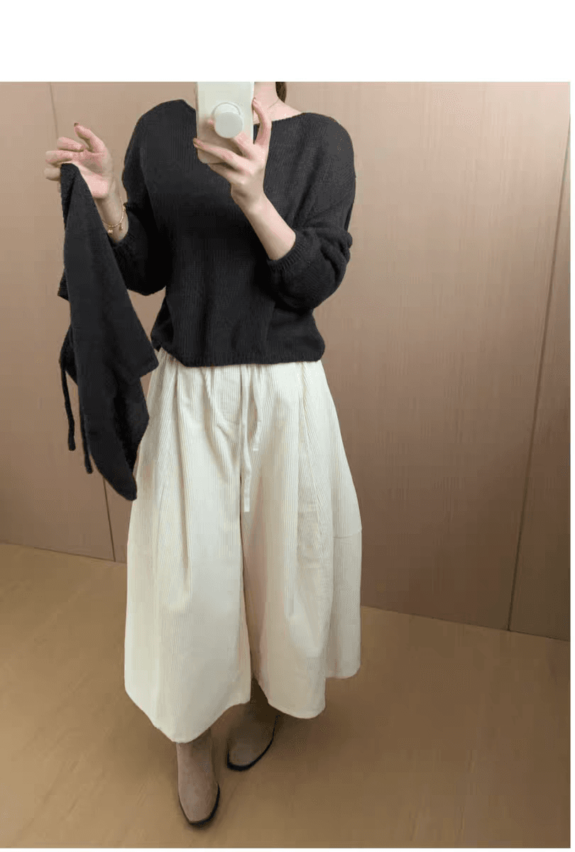 한 부서 미니멀리즘 밴딩 하이웨이스트 대 다리 바지 코듀로이 배기 바지 여성 레트로 다용도 넓은 다리 8 점 바지 풍선 바지 상세 이미지 12