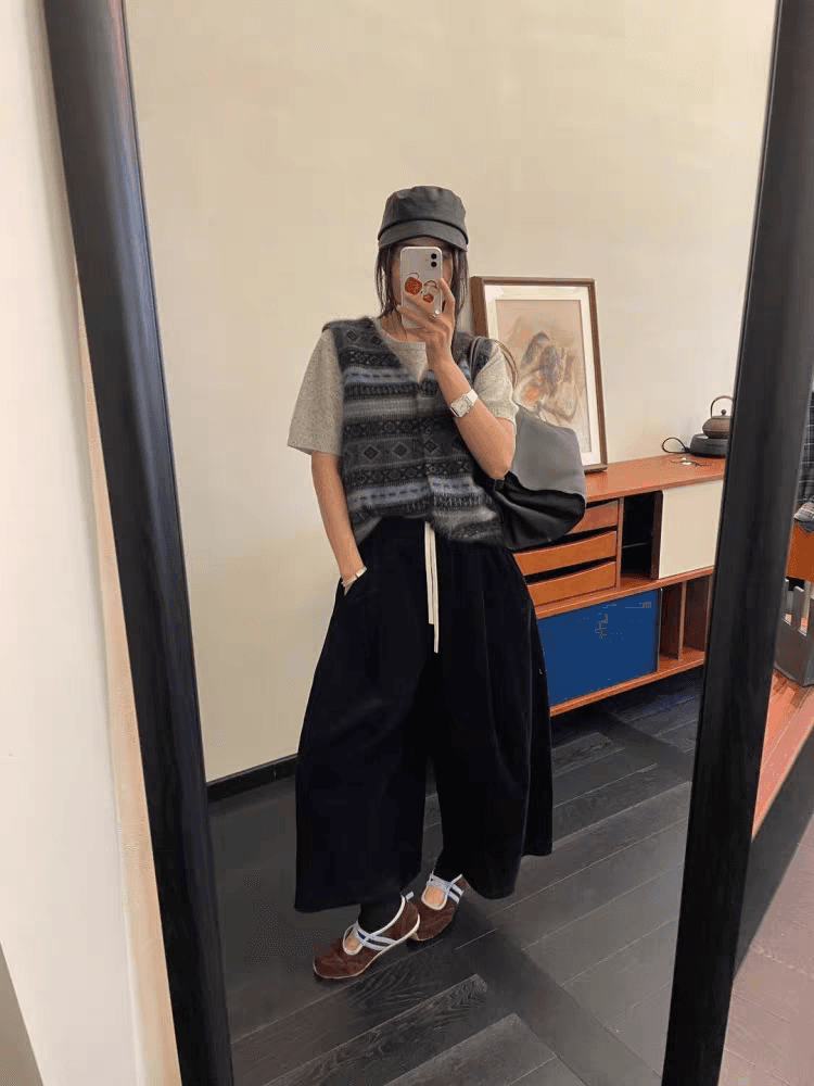 유럽어 버전 패션 코듀로이 캐주얼 바지 2025 가을 겨울 새로운 루즈핏 캐주얼 다용도 허리밴드 8 점 와이드 레그 팬츠 이미지 2