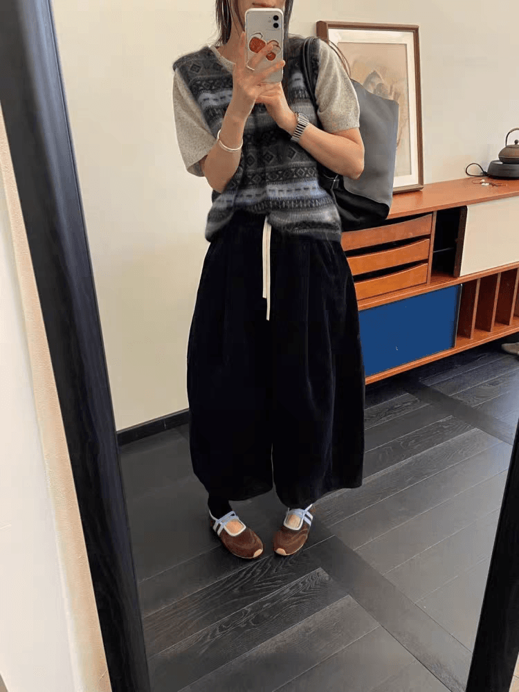 유럽어 버전 패션 코듀로이 캐주얼 바지 2025 가을 겨울 새로운 루즈핏 캐주얼 다용도 허리밴드 8 점 와이드 레그 팬츠 상세 이미지 3