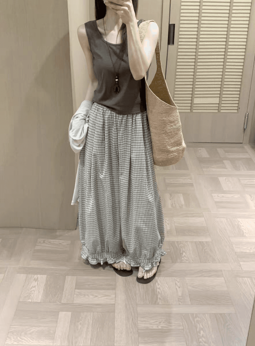 자이언트 숨기기 고기 새로운 다용도 레이스 와이드 레그 팬츠 여름 새로운 긴 바지 일본식 슬림해 보이는 체크무늬 캐주얼 바지 여성 상세 이미지 10