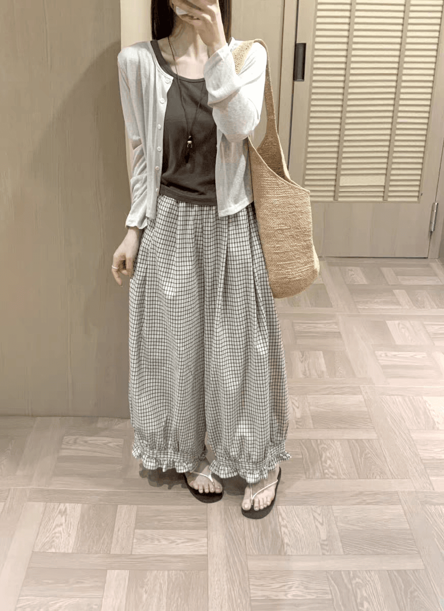 자이언트 숨기기 고기 새로운 다용도 레이스 와이드 레그 팬츠 여름 새로운 긴 바지 일본식 슬림해 보이는 체크무늬 캐주얼 바지 여성 상세 이미지 12