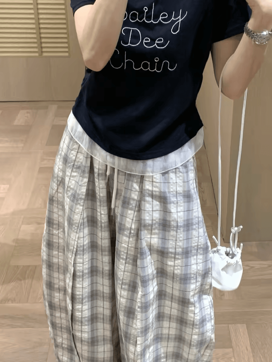 새로운 레트로 체크무늬 꽃밭 캐주얼 바지 여성 여름 새로운 품격 다용도 슬림해 보이는 모통이 칼 와이드 레그 팬츠 상세 이미지 8