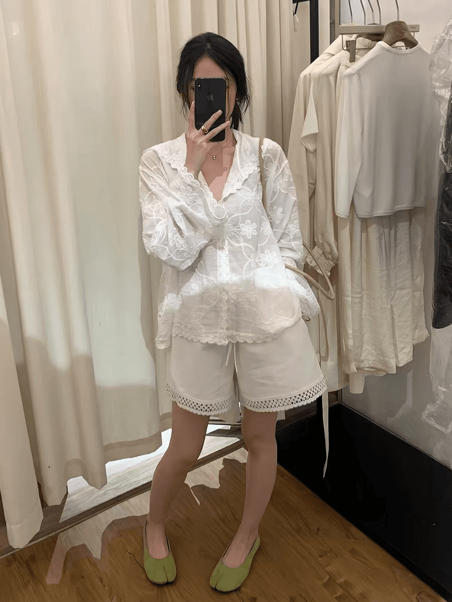 한 부서 무거운 작업 레이스 자수 후드 자외선 차단 여성 셔츠 여름 얇은 스타일 루즈핏 통기성 에어컨 셔츠 맨위 블라우스 이미지 3