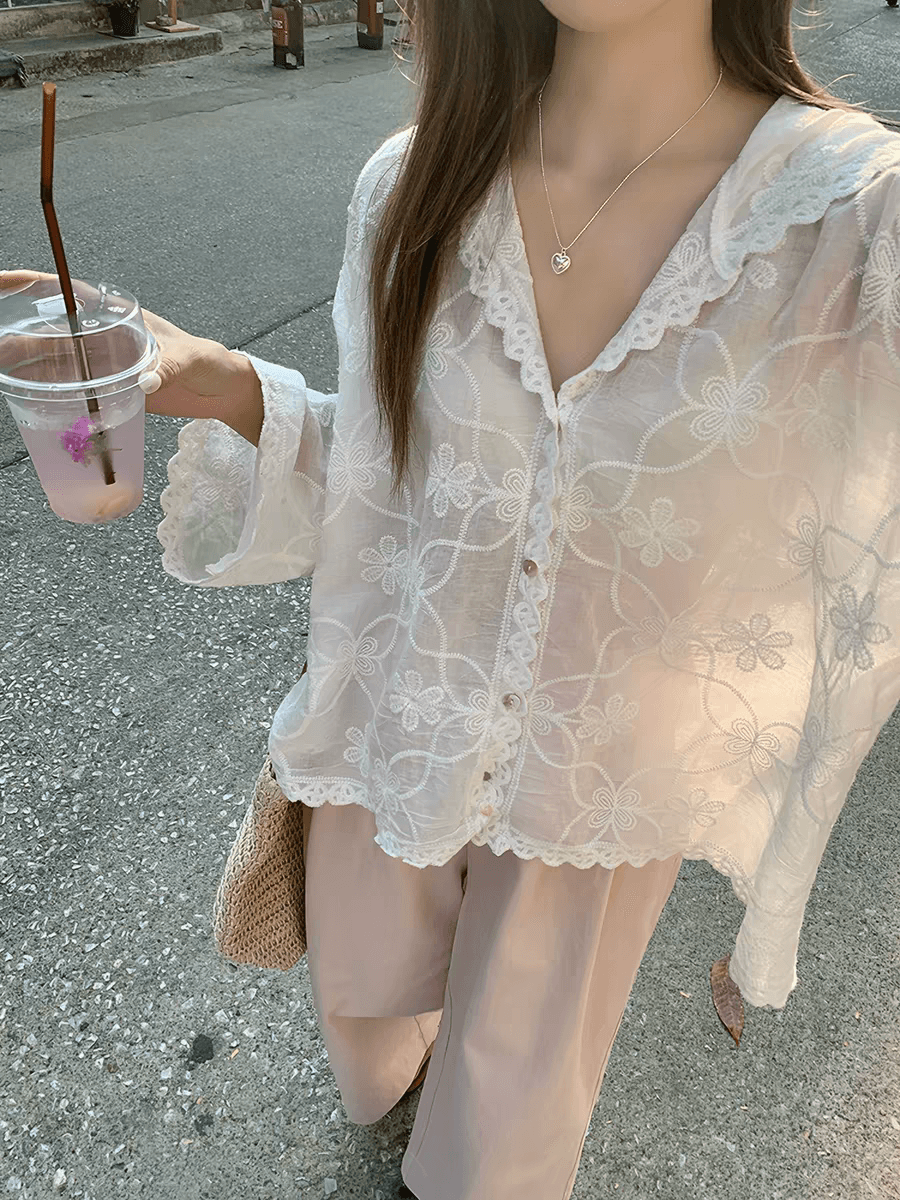 한 부서 무거운 작업 레이스 자수 후드 자외선 차단 여성 셔츠 여름 얇은 스타일 루즈핏 통기성 에어컨 셔츠 맨위 블라우스 상세 이미지 14