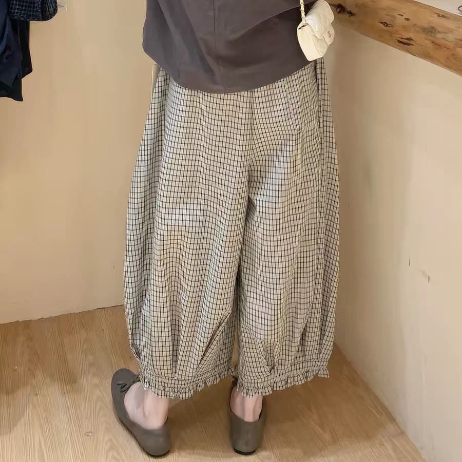 자이언트 숨기기 고기 새로운 다용도 레이스 와이드 레그 팬츠 여름 새로운 긴 바지 일본식 슬림해 보이는 체크무늬 캐주얼 바지 여성 이미지 3