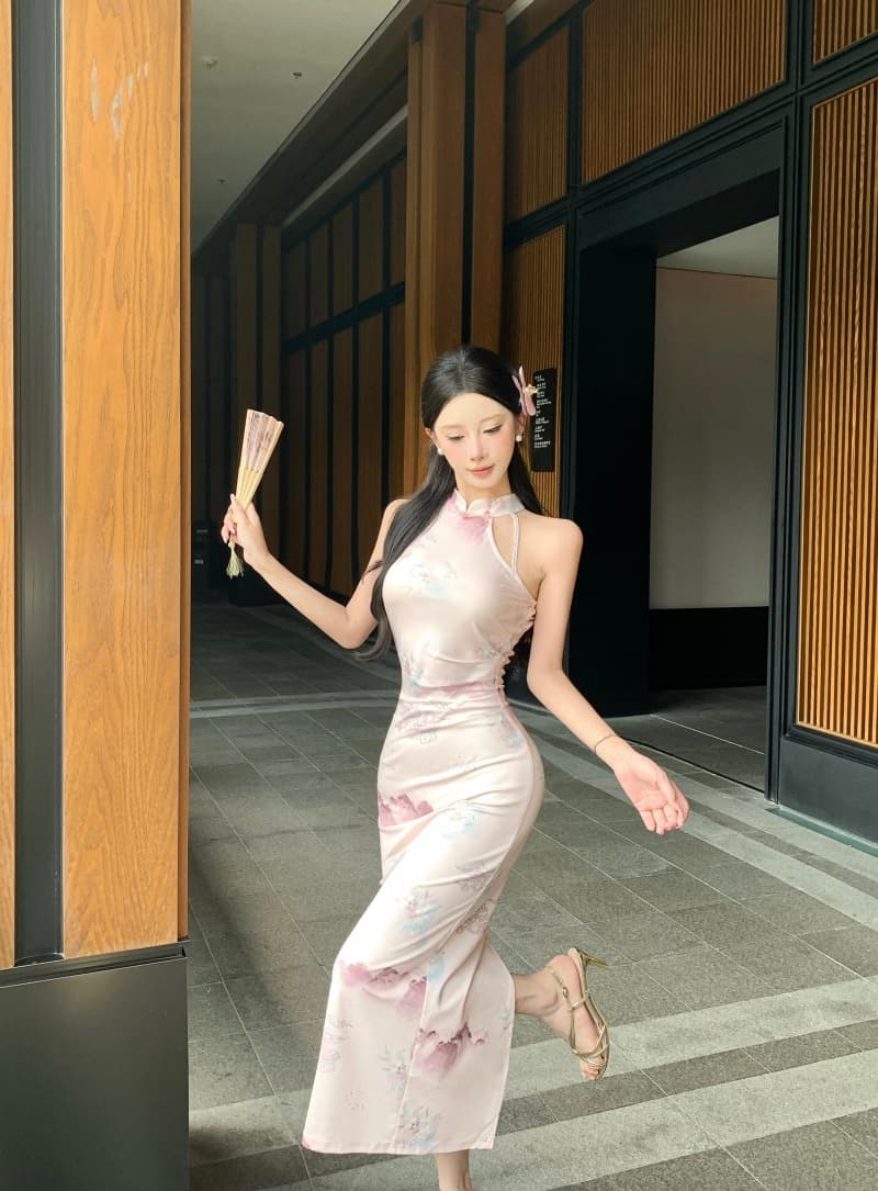 실사 새로운 중식 핑크색 행침 목 치파오 여성 민소매 산수 프린트 몸매 가꾸기 슬림해 보이는 롱 코트 품격 개선 치마 상세 이미지 8