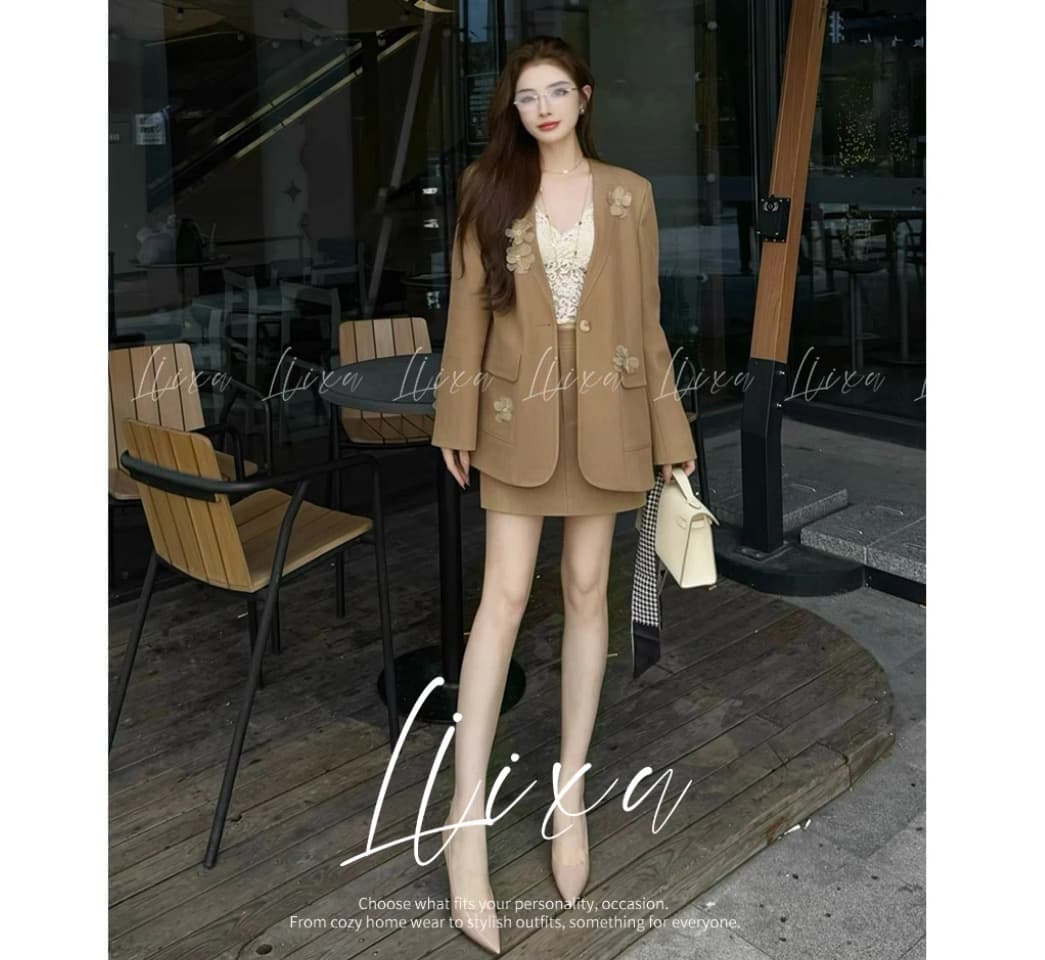 liixu 호박색 깃발 색상 시스템 고급 센스 캐주얼 정장 세트 3 차원 꽃 정장 재킷 x53tzy6017 이미지 5