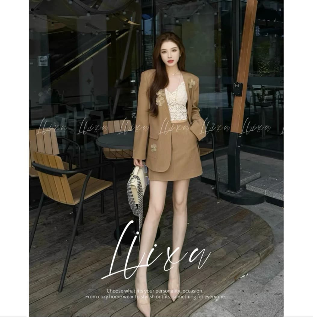 liixu 호박색 깃발 색상 시스템 고급 센스 캐주얼 정장 세트 3 차원 꽃 정장 재킷 x53tzy6017 상세 이미지 1