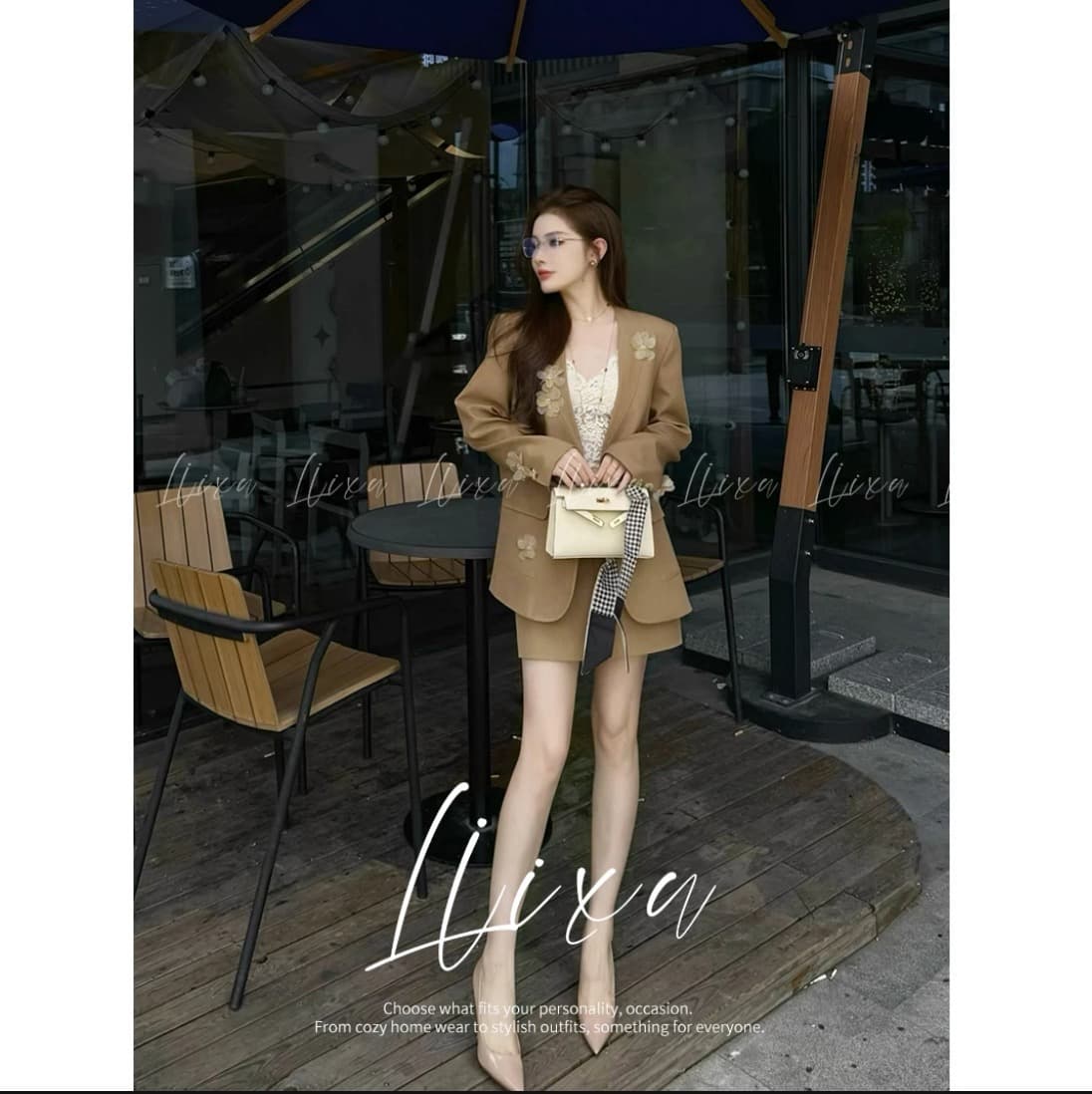 liixu 호박색 깃발 색상 시스템 고급 센스 캐주얼 정장 세트 3 차원 꽃 정장 재킷 x53tzy6017 상세 이미지 3