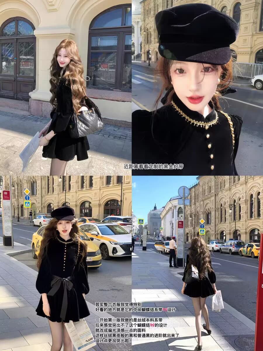 먹는다. 녹색 접시 보 라드. 천 골드 신제품 95 접기 레트로 검정색 벨벳 드레스 재킷 경기 치마바지 이미지 4